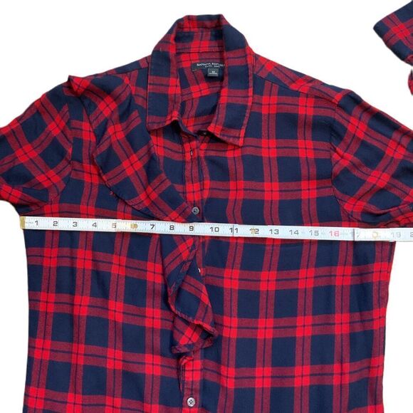 Banana Republic Red Navy Plaid Flannel Dillon Button Up Academia Ruffled Top Med - Picture 8 of 13